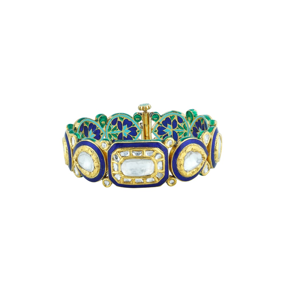 Polki Bracelet with Blue Enamel and Pear-Rectangle Motifs
